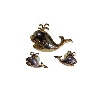 Whale-Shaped Gold & Silver-Tone Brooch/Pendant & Earring Set